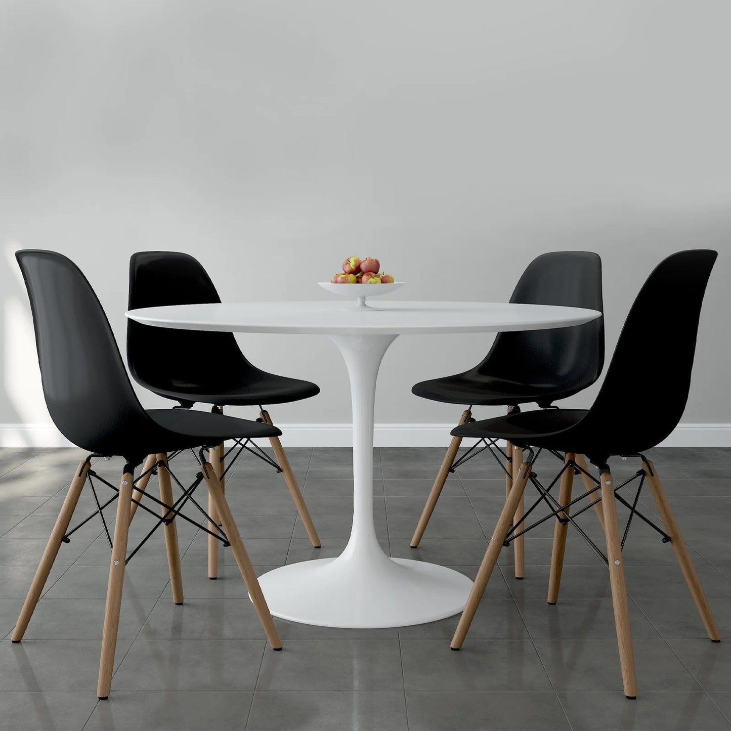 Tulip 48" Fiberglass Dining Table & Wood Leg Chairs Set, Black