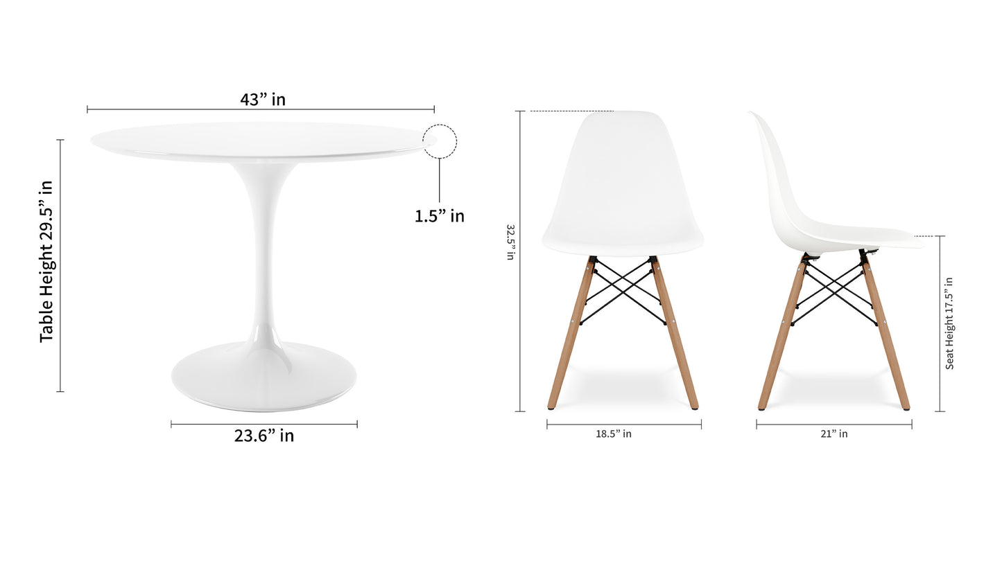 Tulip 42" Fiberglass Dining Table & Wood Leg Chairs Set, White