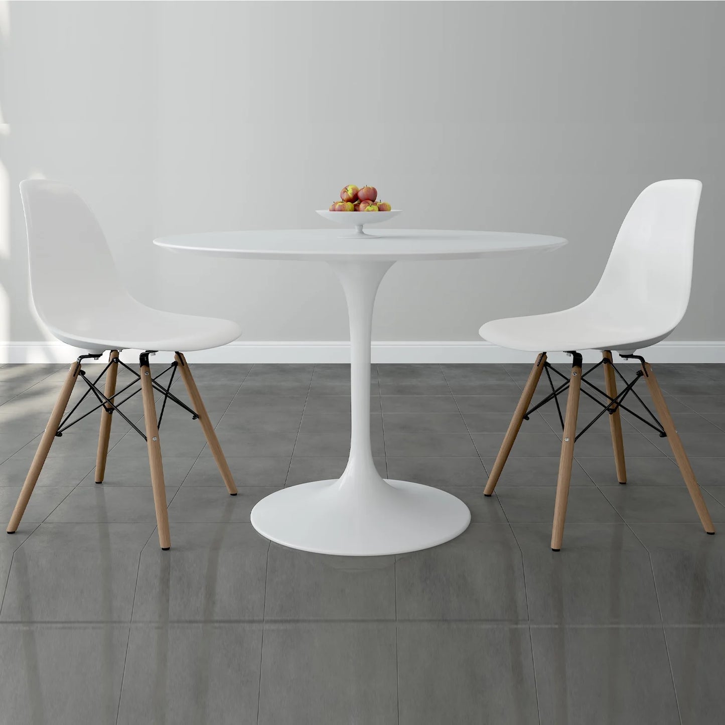 Tulip 42" Fiberglass Dining Table & Wood Leg Chairs Set, White
