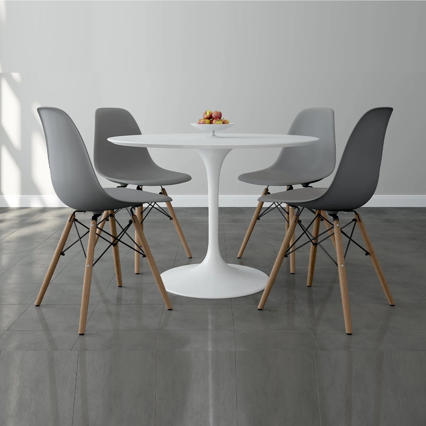 Tulip 42" Fiberglass Dining Table & Wood Leg Chairs Set, Gray