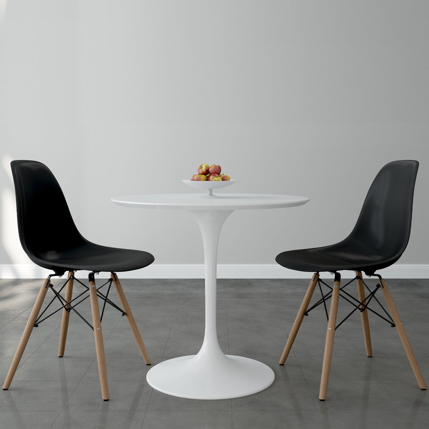 Tulip 32" Fiberglass Dining Table & Wood Leg Chairs Set, Black