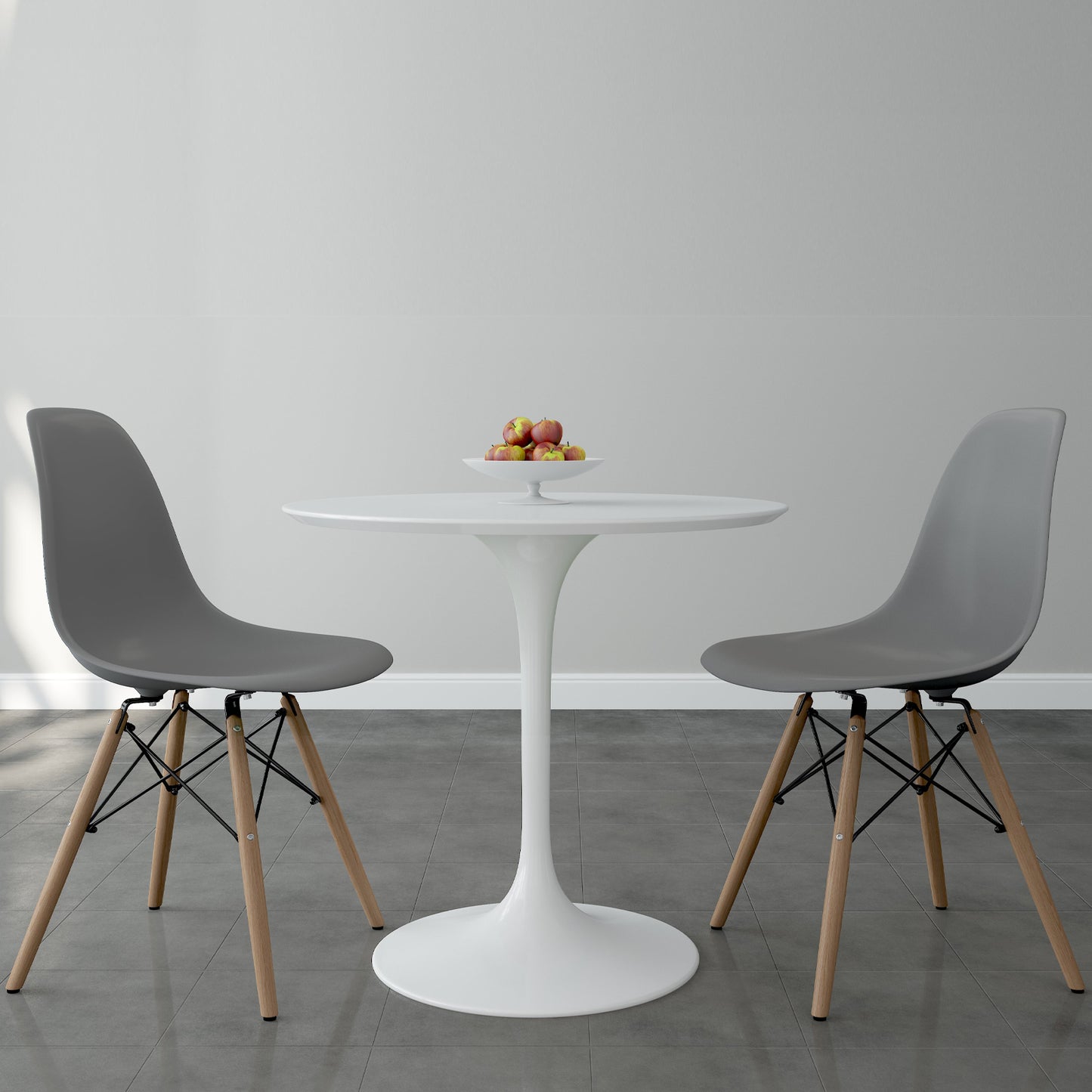 Tulip 32" Fiberglass Dining Table & Wood Leg Chairs Set, Gray