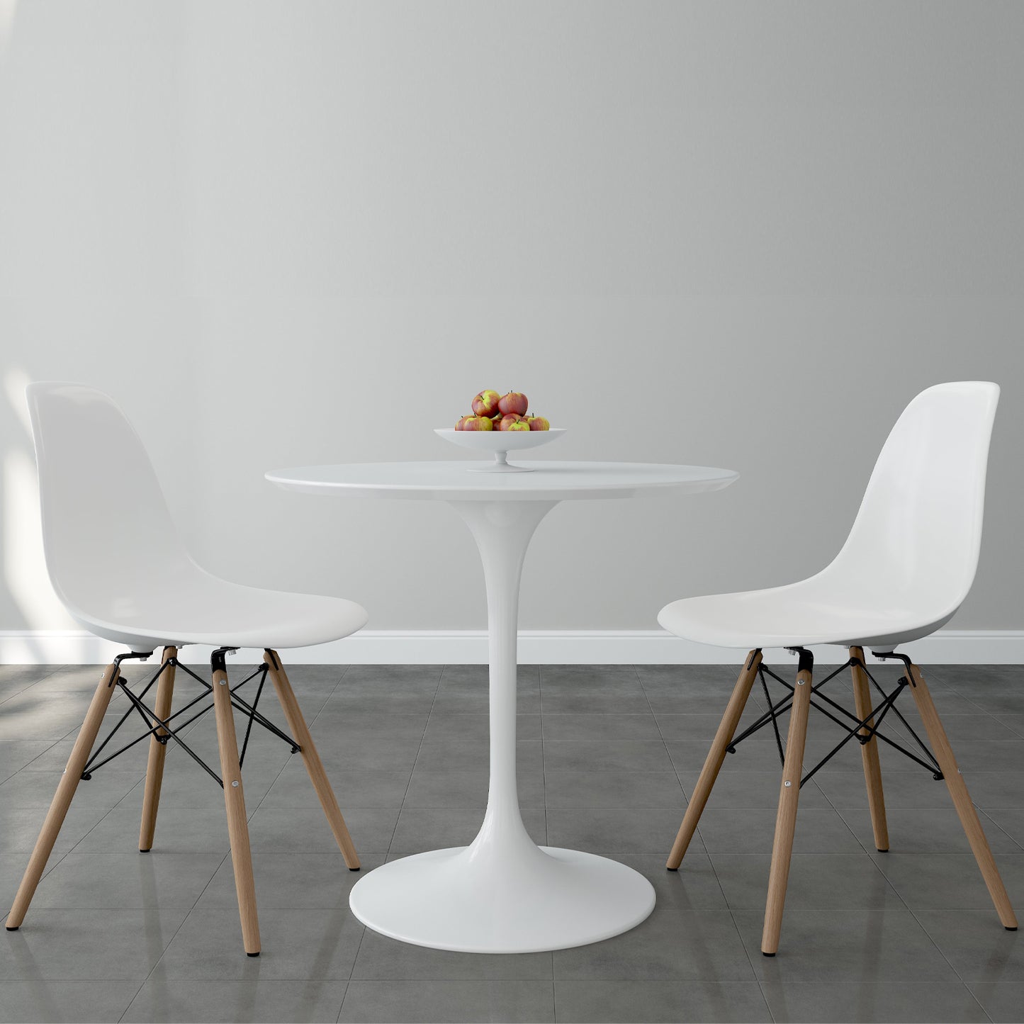 Tulip 32" Fiberglass Dining Table & Wood Leg Chairs Set, White