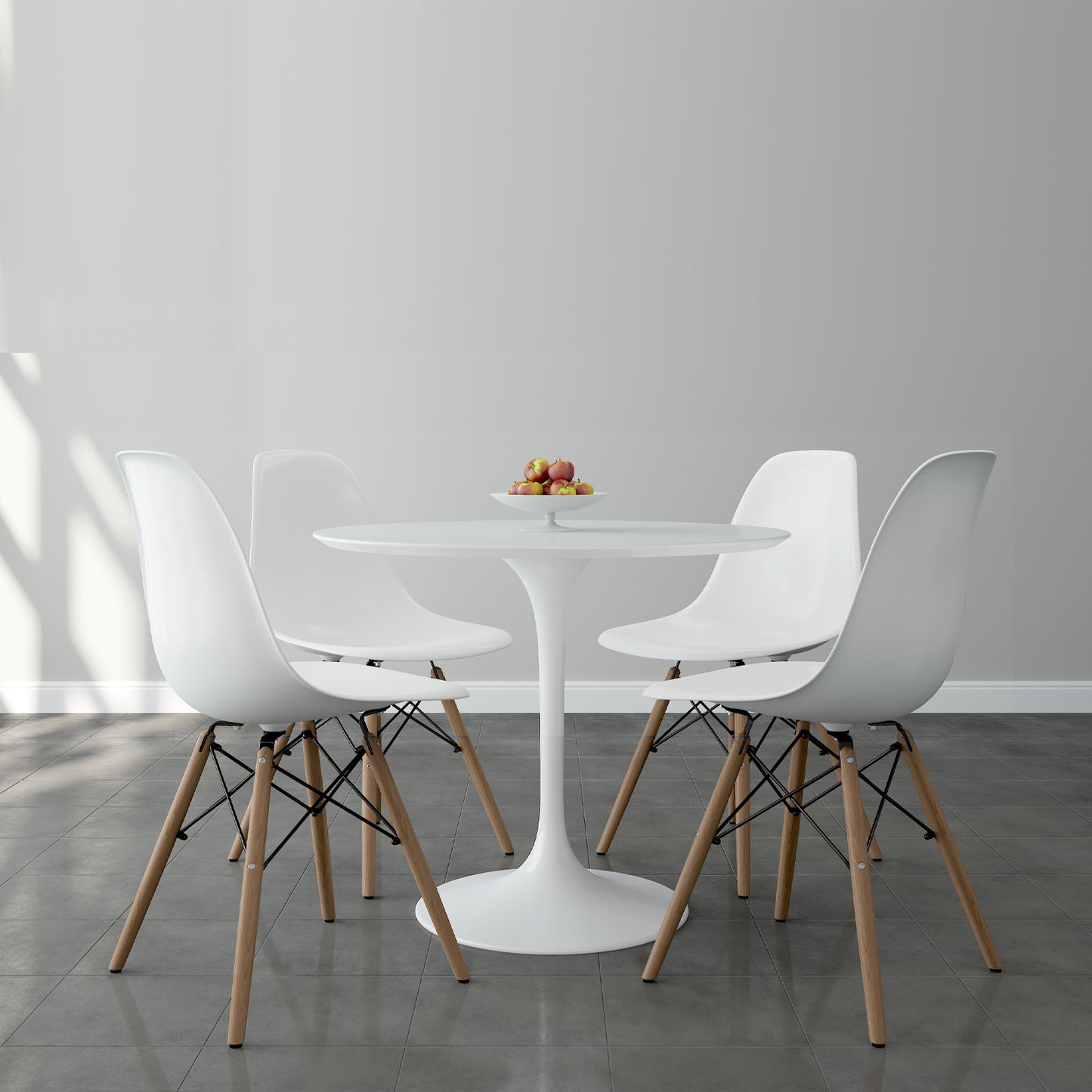 Tulip 36" Fiberglass Dining Table & Wood Leg Chairs Set, White