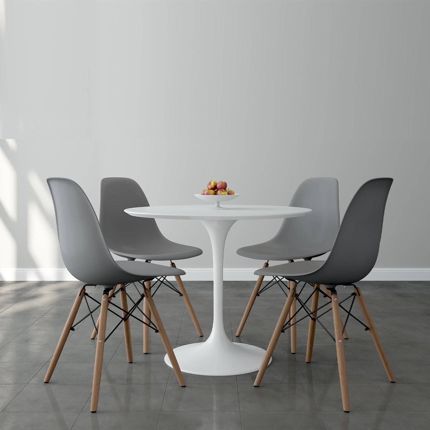 Tulip 36" Fiberglass Dining Table & Wood Leg Chairs Set, Gray