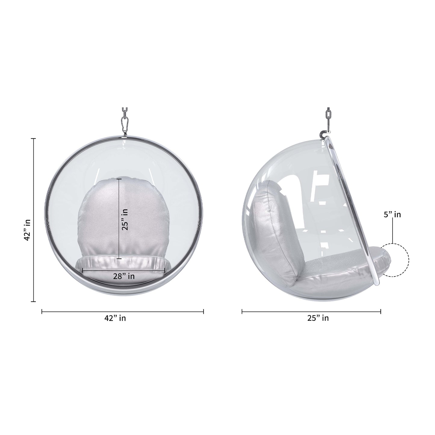 Hanging Bubble Chair, Silver Cushions