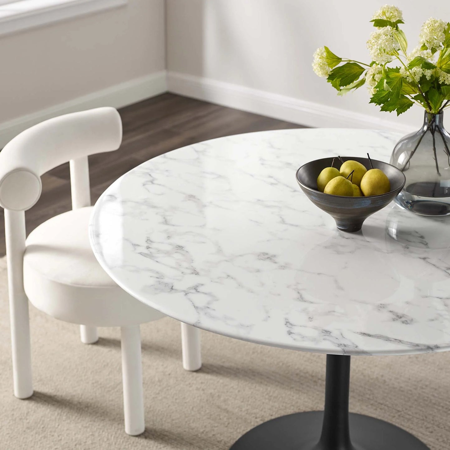 Tulip Marble Dining Table - 48" Round, Black Base