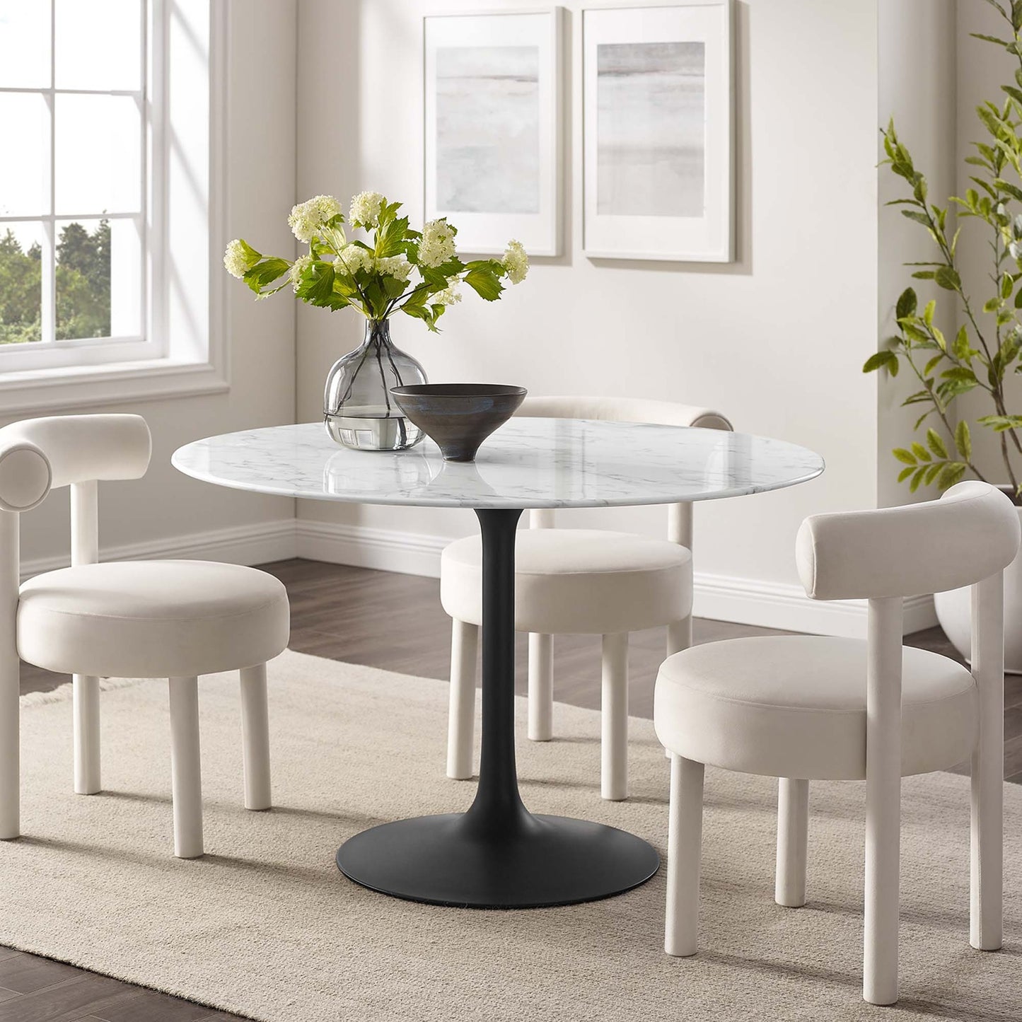 Tulip Marble Dining Table - 48" Round, Black Base