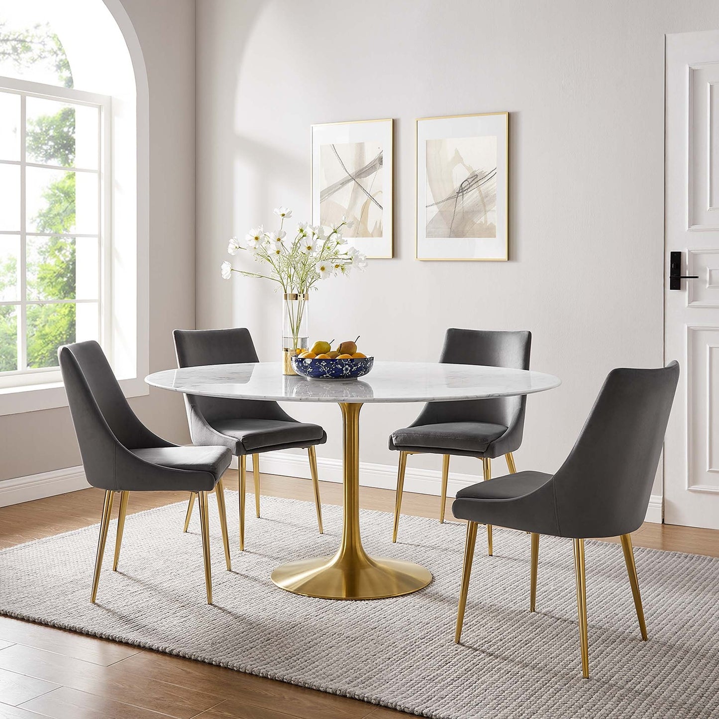 Tulip Marble Dining Table - 60" Round, Gold Base