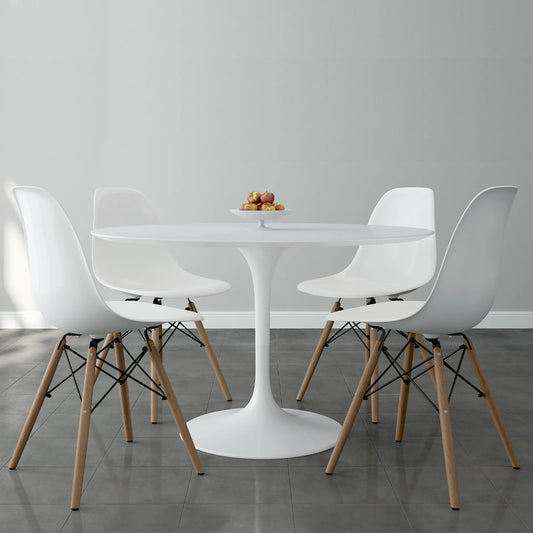 Tulip 48" Fiberglass Dining Table & Wood Leg Chairs Set, White