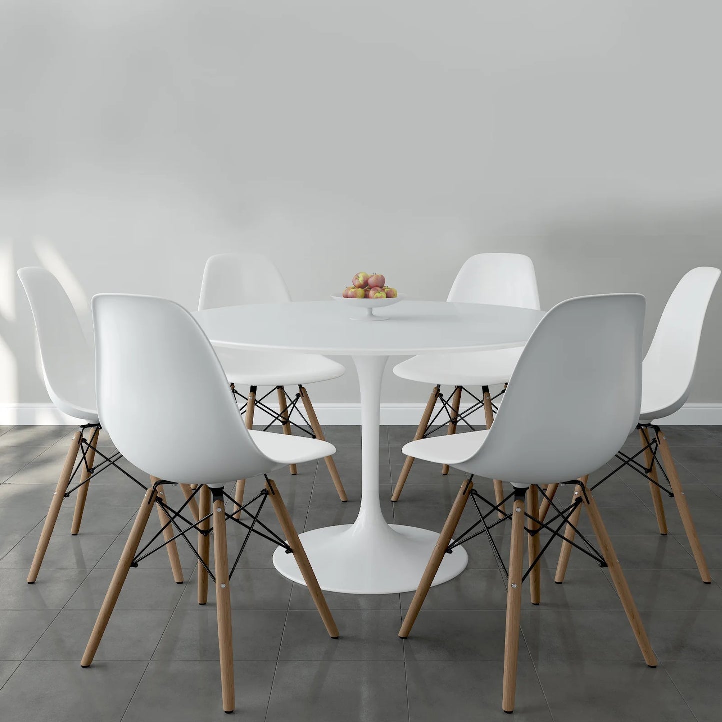 Tulip 48" Fiberglass Dining Table & Wood Leg Chairs Set, White