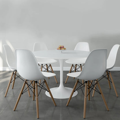 Tulip 48" Fiberglass Dining Table & Wood Leg Chairs Set, White