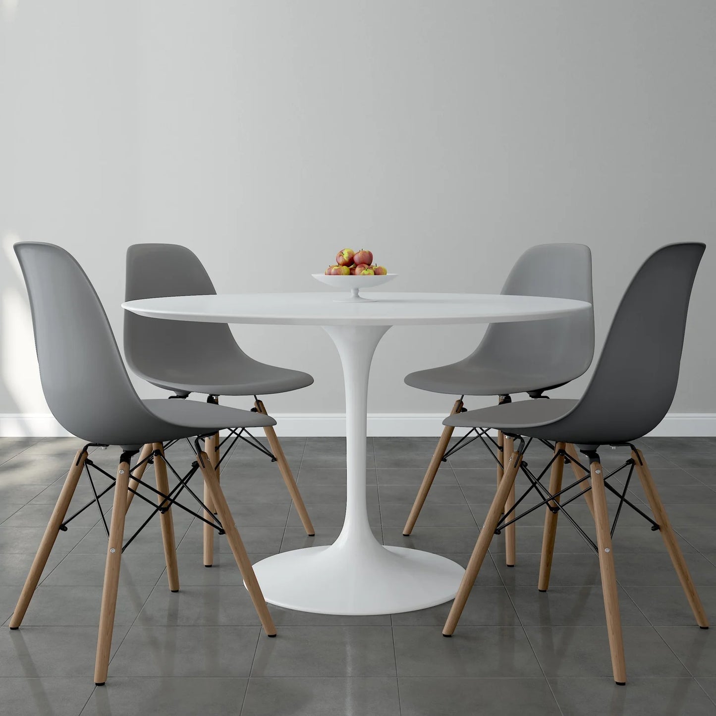 Tulip 48" Fiberglass Dining Table & Wood Leg Chairs Set, Gray