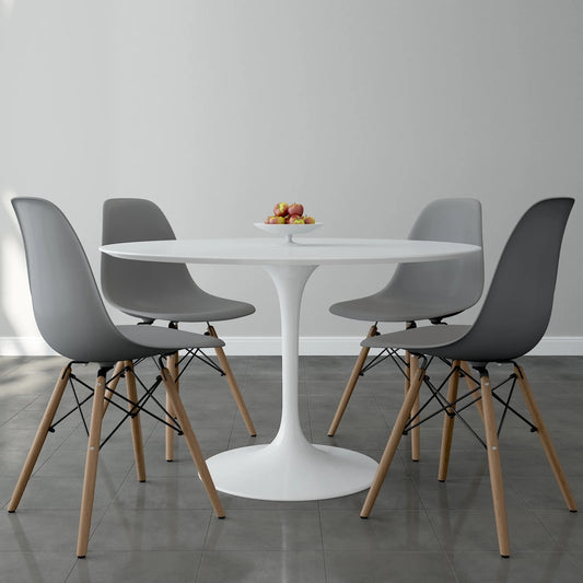 Tulip 48" Fiberglass Dining Table & Wood Leg Chairs Set, Gray