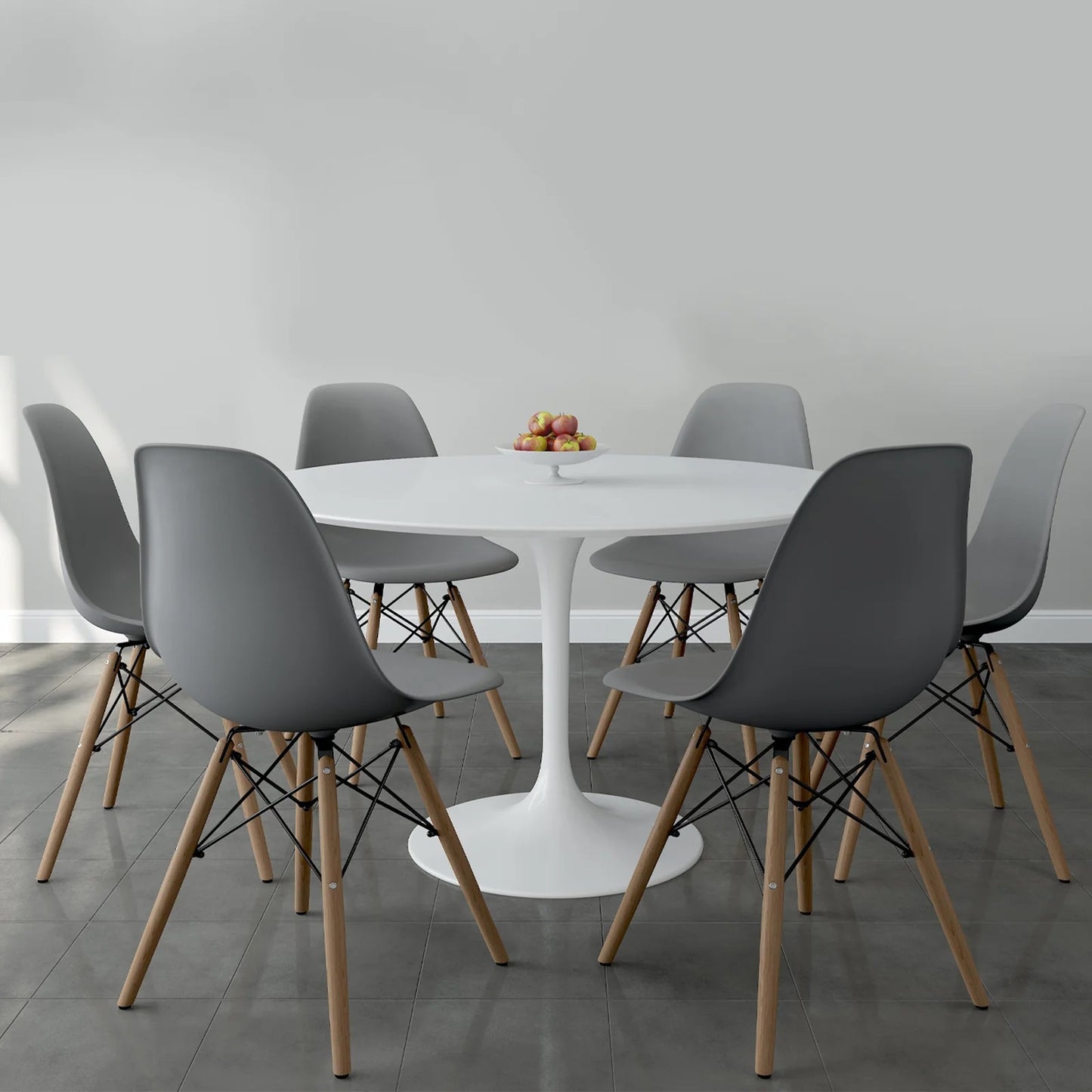 Tulip 48" Fiberglass Dining Table & Wood Leg Chairs Set, Gray