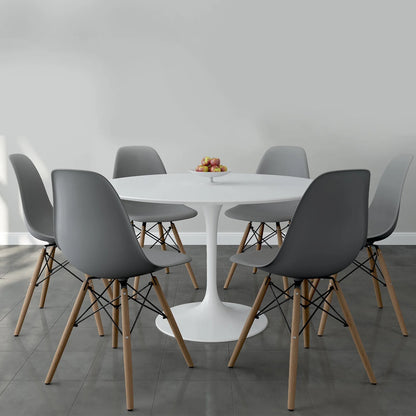 Tulip 48" Fiberglass Dining Table & Wood Leg Chairs Set, Gray