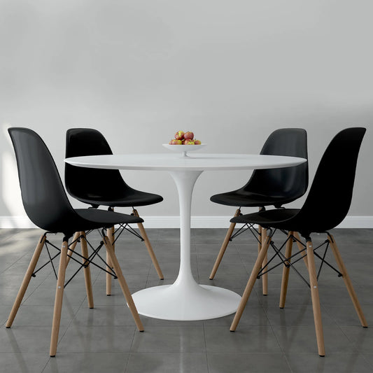 Tulip 48" Fiberglass Dining Table & Wood Leg Chairs Set, Black