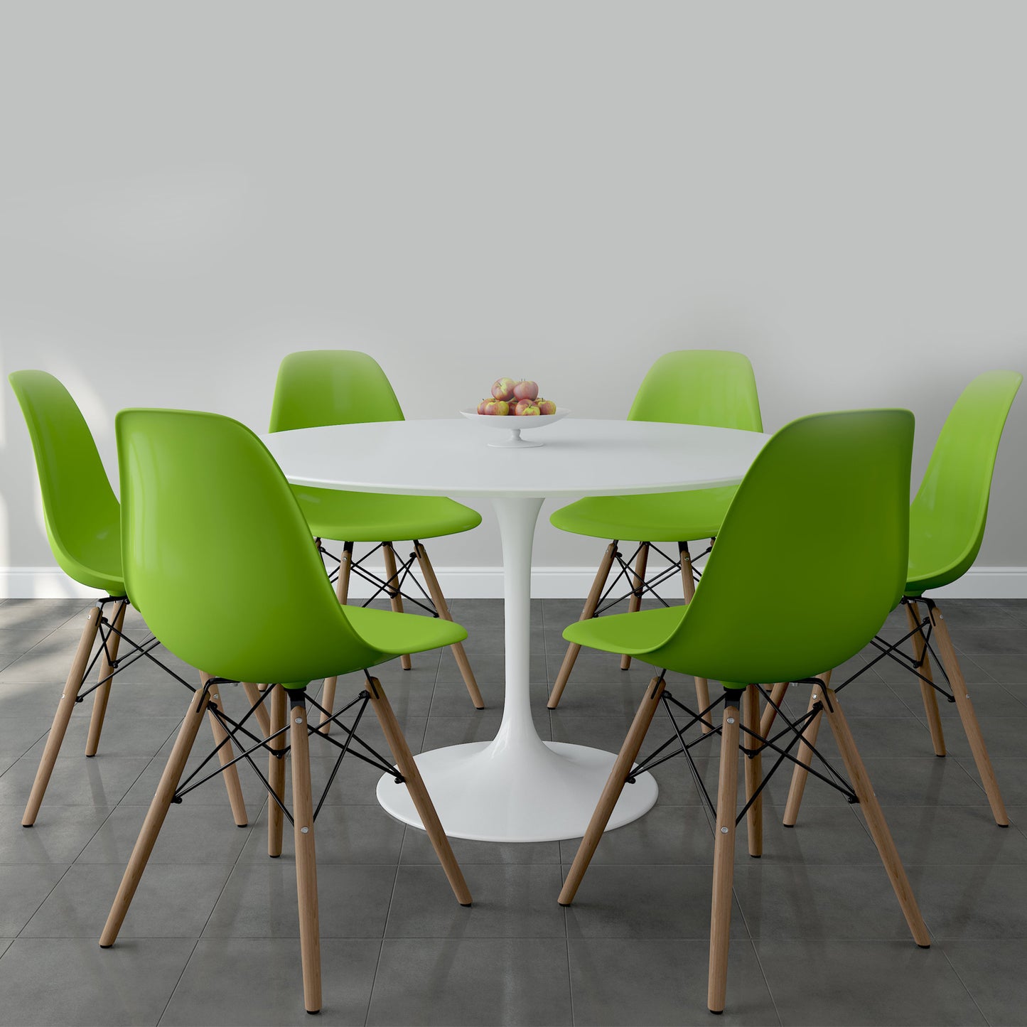 Tulip 48" Fiberglass Dining Table & Wood Leg Chairs Set, Green