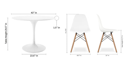 Tulip 42" Fiberglass Dining Table & Wood Leg Chairs Set, White