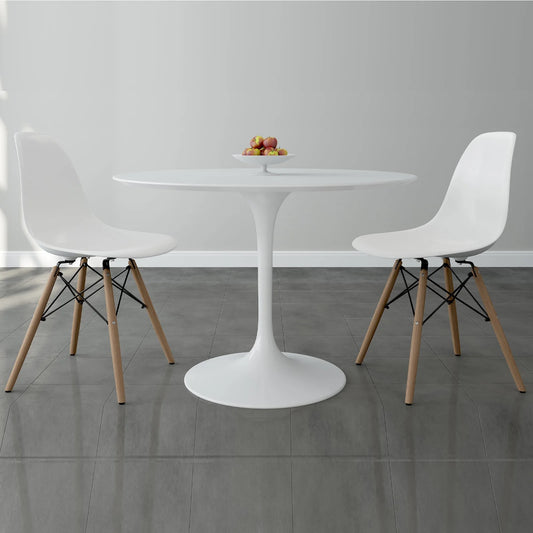 Tulip 42" Fiberglass Dining Table & Wood Leg Chairs Set, White