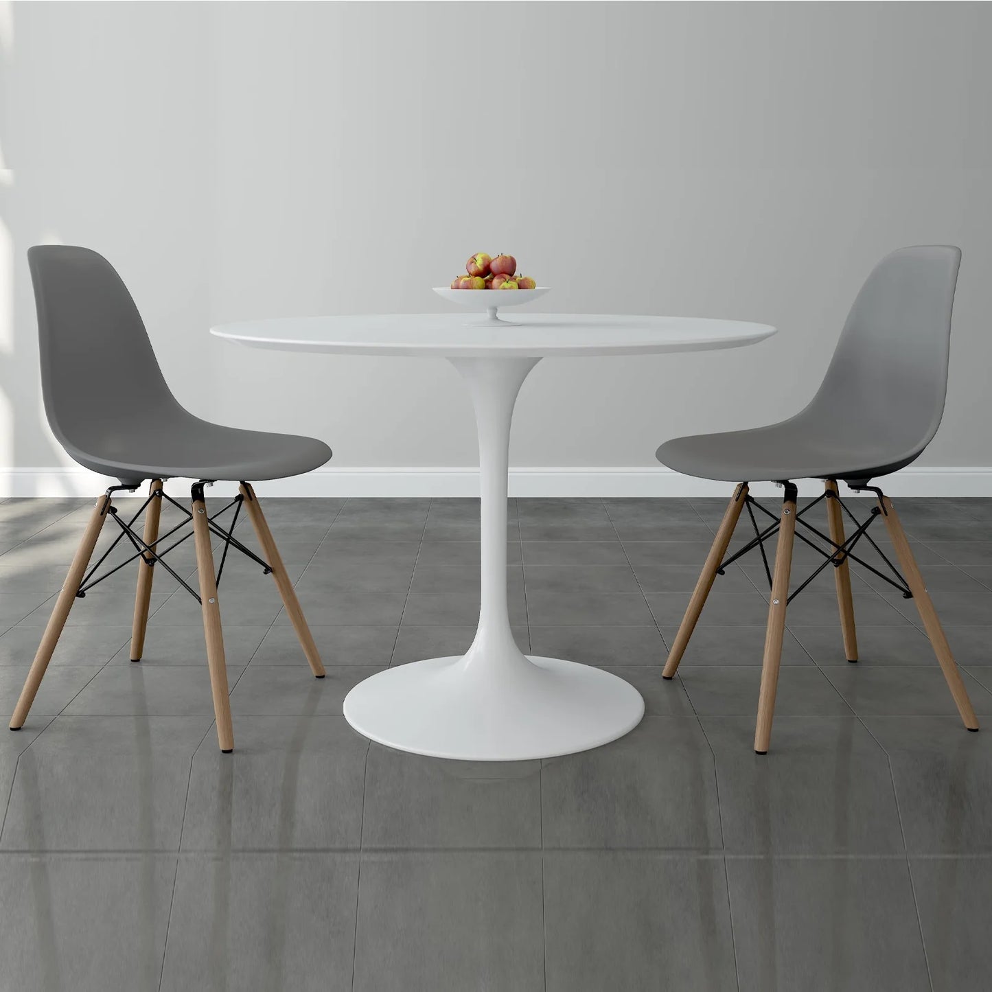 Tulip 42" Fiberglass Dining Table & Wood Leg Chairs Set, Gray