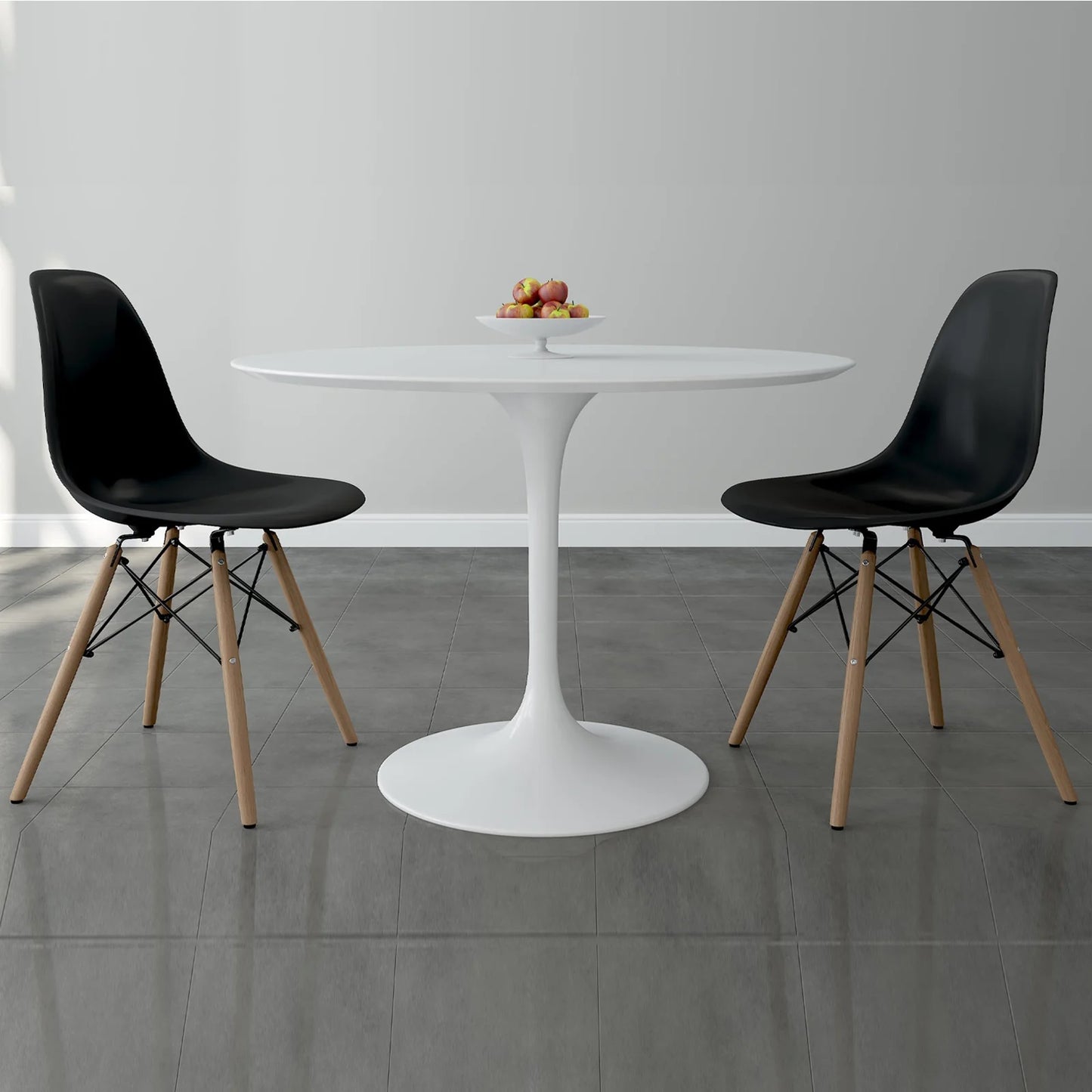 Tulip 42" Fiberglass Dining Table & Wood Leg Chairs Set, Black