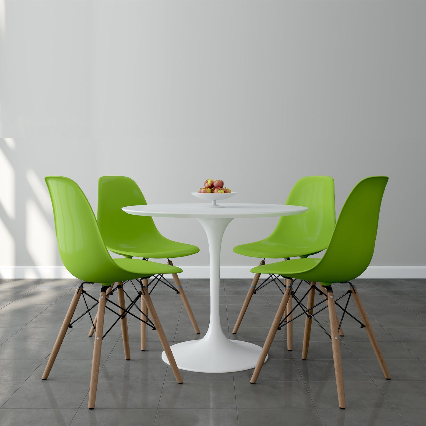 Tulip 36" Fiberglass Dining Table & Wood Leg Chairs Set, Green