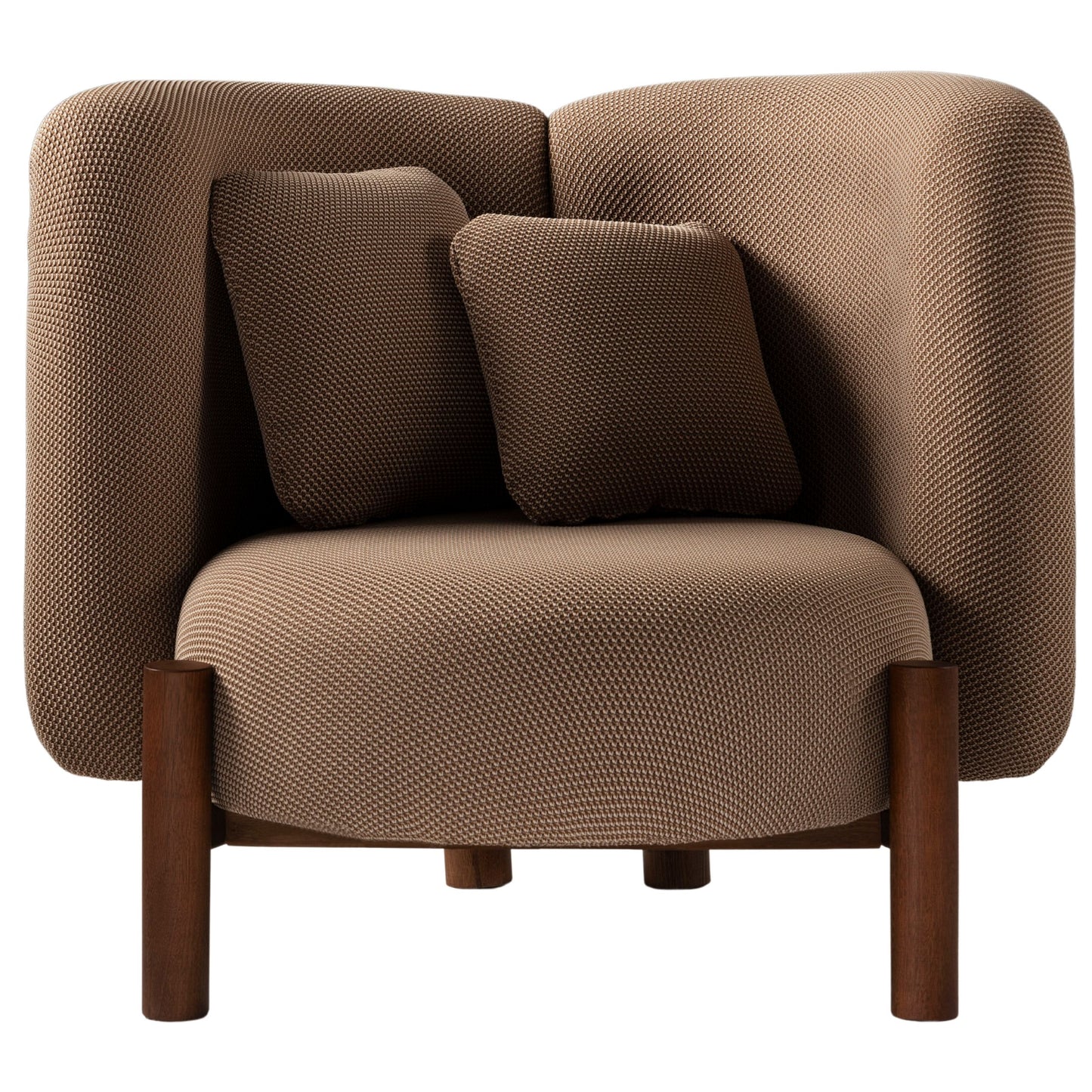 Cami Chair in beige fabric with curved backrest and eucalyptus wood legs.